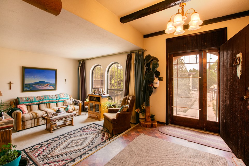 entrance to custom built home's living room.