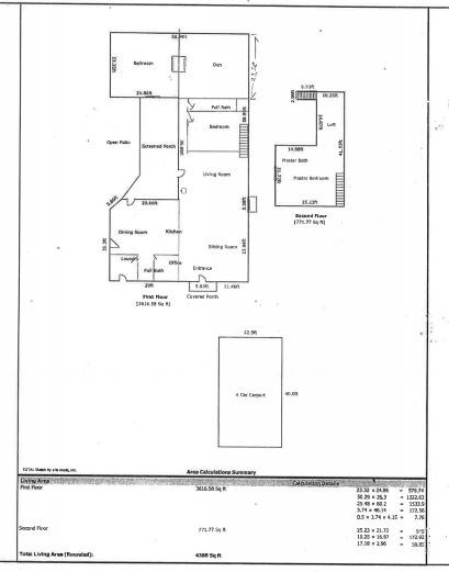 diagram of home 4388 square feet 3-bedroom (2-master bedrooms), 3 bathrooms, 4 fireplaces, a pellet stove, refrigerated air conditioning.
large country kitchen, living room, great room, den/hobby room, loft, office, laundry room and pantry.  there is also a large screened in porch and a covered 4-car carport.