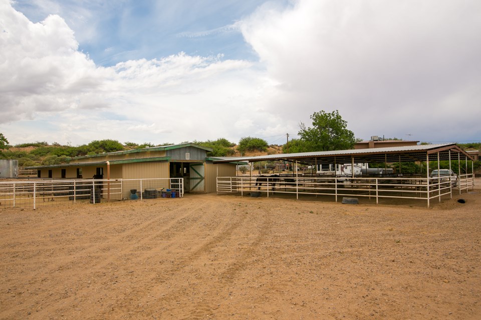 view of mare and foal barn with pipe runs and 8 stall covered mare hotel.
