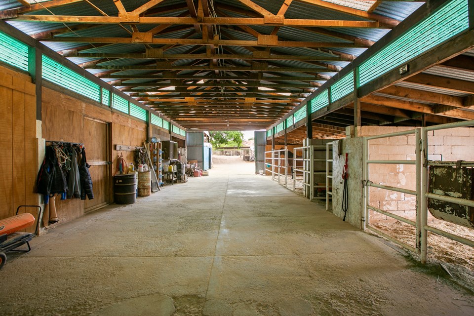 aisle way of stallion barn looking west. 4-piped stallion stalls and runs. a breeding area, a lab, a break room, a tack room as well as more space for storage or shop equipment. these stalls have rubber mats as well.