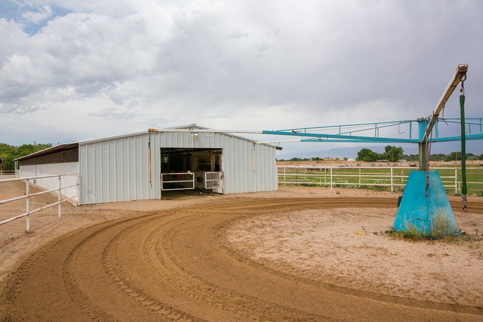 south end of 22 stall barn. stalls are 12x12 and all have rubber mats. 6-horse walker